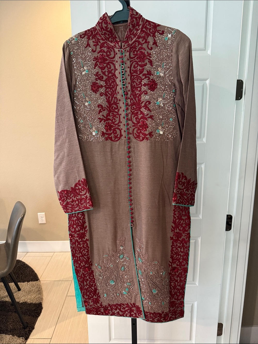 Long Embroidered Women's Dress Coat in Taupe with Red Accents